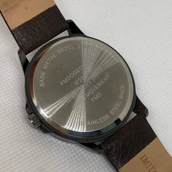 FMD men watch 45mm quartz analog black tone dial brown leather band running - Picture 6 of 8